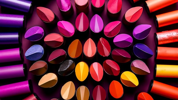 A colorful array of lipsticks are displayed in a circular pattern. The lipsticks are of various colors and shades, creating a vibrant and eye-catching display