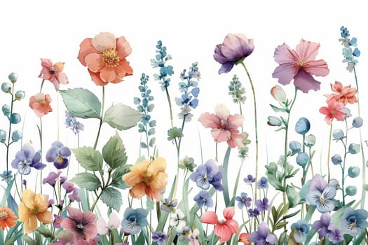 A painting of a field of flowers with a white background. The flowers are in various colors, including purple, blue, and yellow. The painting has a serene and peaceful mood