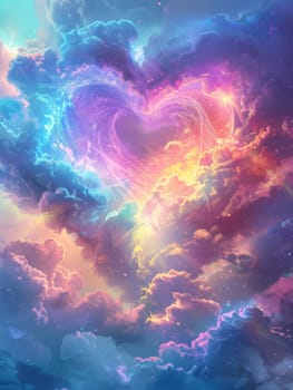 A colorful heart is surrounded by clouds in a sky. The heart is made up of different colors, and the clouds are also colorful. The image has a dreamy and whimsical mood