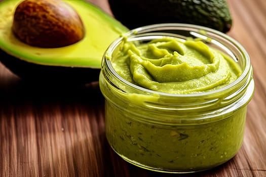 A jar of green face cream made from natural plant-based ingredients with avocado oil sits on the table surrounded by sliced avocados.