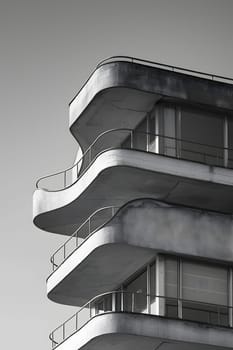 A grayscale photo showcasing a rectangular building with numerous balconies. The composite material facade contrasts beautifully with the sky, creating a striking city fixture