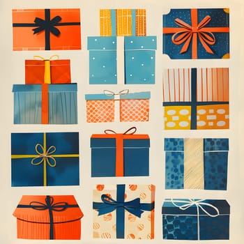A collection of various colored rectangular products with bows made from textiles and wood. Includes blue, orange, and azure boxes designed with artistic lines and fonts