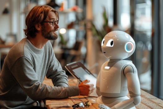 Man in tender moment with futuristic robot friend at home.