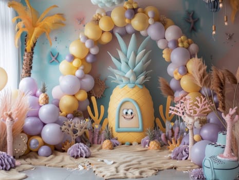 A room decorated with balloons and a pineapple cake. The room has a tropical theme with palm trees and a beach setting