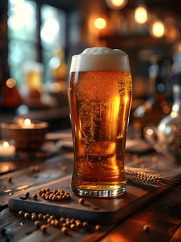 An amber beer glass filled with liquid sits on a wooden table in a drinking establishment. The drinkware is a typical barware item found in bars