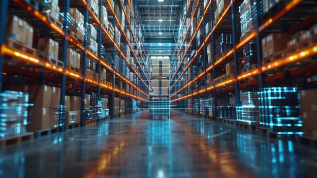 A warehouse with a lot of boxes and shelves. The boxes are lit up with neon lights. The warehouse is very large and has a futuristic feel to it