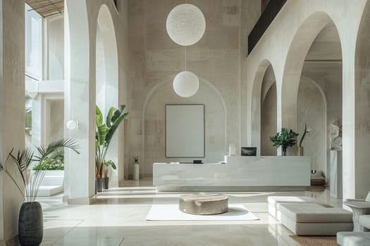 A lobby with a white wall and a large plant in the corner. The room is well lit and has a modern feel