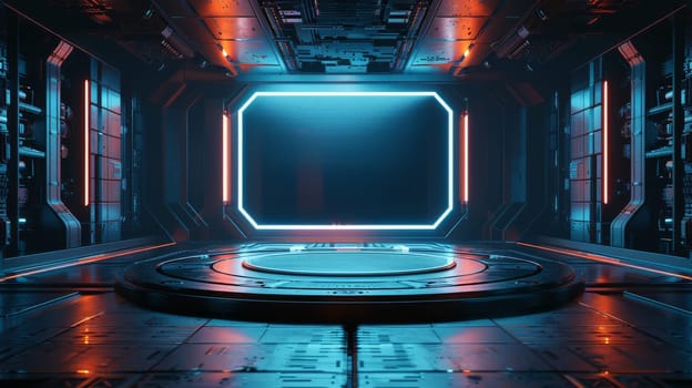 A futuristic space with a blue screen in the center. The room is empty and the blue light is on