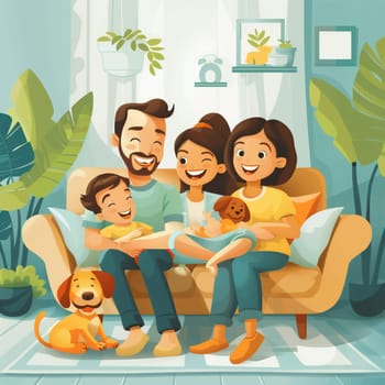 Happy Family Sitting on Couch With Dog Image
