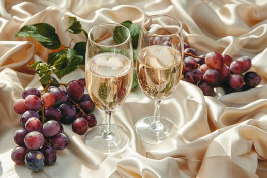 Two wine glasses filled with champagne are on a table with grapes. The wine glasses and grapes create a festive and celebratory atmosphere