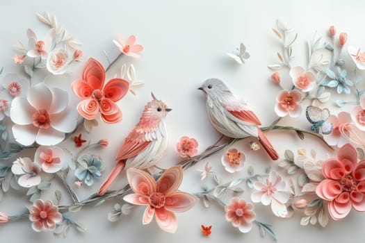 A white and pink floral background with two birds and a heart.