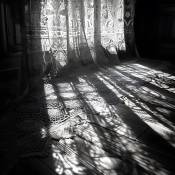 The sunlight filters through the curtains, creating blackandwhite shadows on the wooden flooring, adding a stylish atmosphere with tinted shades