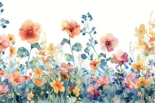 A painting of a field of flowers with a white background. The flowers are in various colors, including purple, blue, and yellow. The painting has a serene and peaceful mood