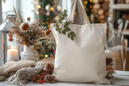 A white tote bag with a leaf on it sits on a table with a flower.