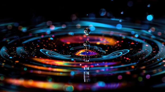 A dropping of water with a rainbow effect. The water is in a circular shape and has a splash of water coming out of it.