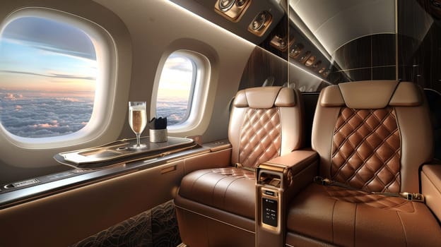 A luxurious airplane with two leather seats and a champagne glass. Private seat on private jet.