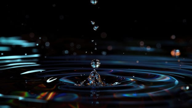 A dropping of water with a rainbow effect. The water is in a circular shape and has a splash of water coming out of it.