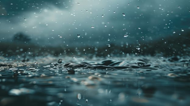 A body of water with raindrops falling on it. The water appears to be calm and still, with the raindrops creating a peaceful atmosphere. Concept of tranquility and serenity