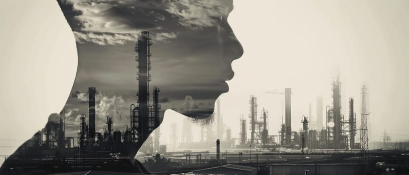 Double Exposure of Man's Profile and Industrial Scene Concept Fusion of Human and Industrial Imagery.