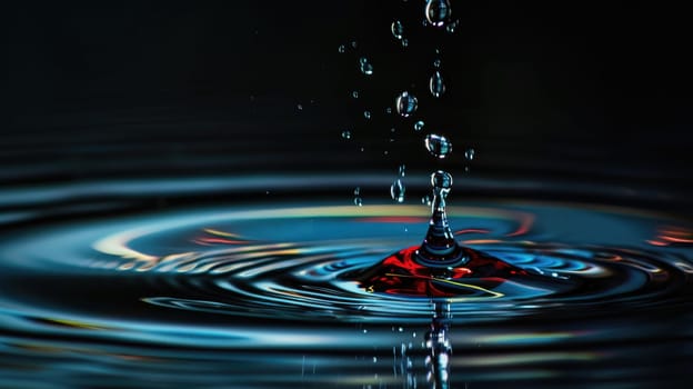 A dropping of water with a rainbow effect. The water is in a circular shape and has a splash of water coming out of it.