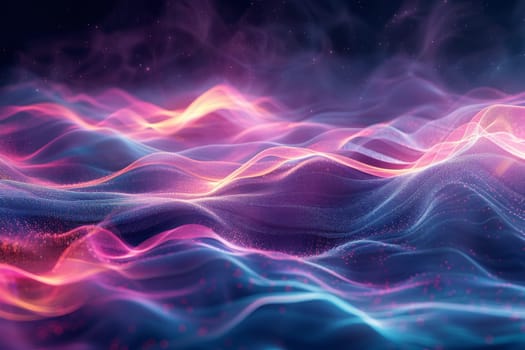 A colorful wave of light with a blue and pink hue. The wave is made up of many different colors and he is moving