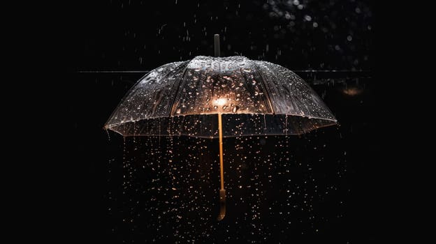 A clear umbrella is shown in the rain. The umbrella is open and the rain is falling on it. Concept of calmness and tranquility.