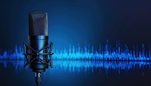 Microphone with Waveform on Blue Background Concept High Detailed and High Resolution Broadcasting and Podcasting Banner.