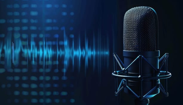 Microphone with Waveform on Blue Background Concept High Detailed and High Resolution Broadcasting and Podcasting Banner.