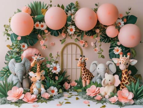 A group of stuffed animals are arranged in a room with pink walls and pink balloons. The animals include giraffes, elephants, and zebras. The scene is set up for a baby shower or a children's party