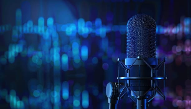 Microphone with Waveform on Blue Background Concept High Detailed and High Resolution Broadcasting and Podcasting Banner.