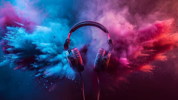 A pair of headphones is surrounded by colorful powder, creating a vibrant and energetic atmosphere. The headphones are positioned in the center of the image, drawing attention to their design