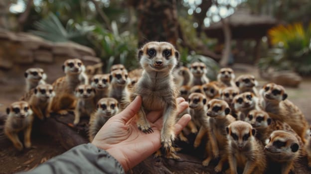 A person is feeding a group of meerkats.