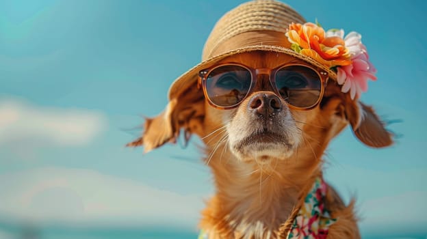A dog wearing sunglasses and a straw hat is standing on a beach. The dog is smiling and he is enjoying the sunny day, Summer background.