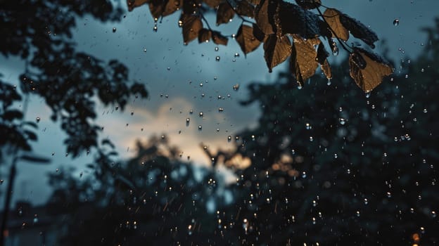 A tree branch is covered in raindrops. The rain is falling from the sky and the leaves are wet