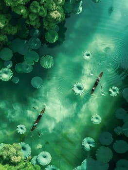 A boat is floating on a river with green lily pads on the shore. The boat is surrounded by trees and the water is calm