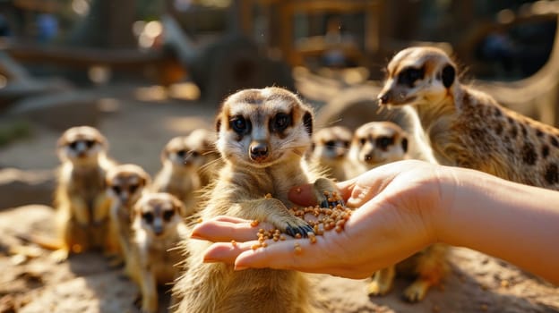A person is feeding a group of meerkats. The meerkats are standing in a line and looking at the person