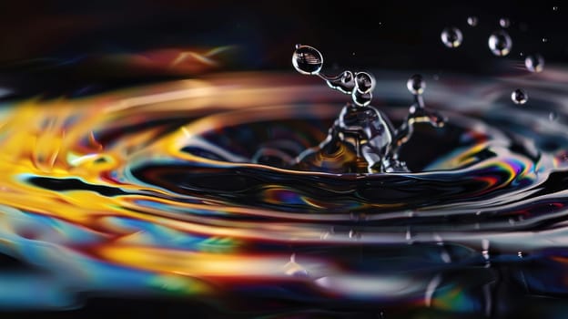 A splash of water with a rainbow effect. The water is in a circular shape and has a splash of water coming out of it.