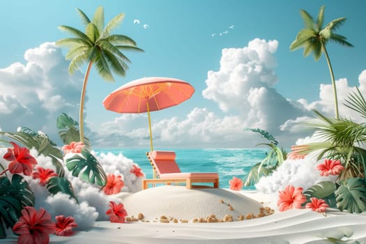 A beach scene with a red and white umbrella and a lounge chair. The scene is bright and cheerful, with lots of flowers and a clear blue sky
