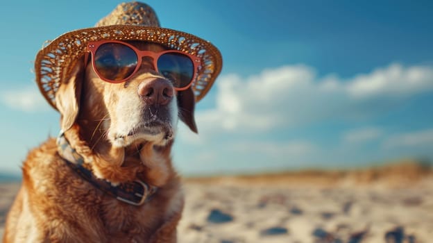 A dog wearing sunglasses and a straw hat is standing on a beach. The dog is smiling and he is enjoying the sunny day, Summer background.