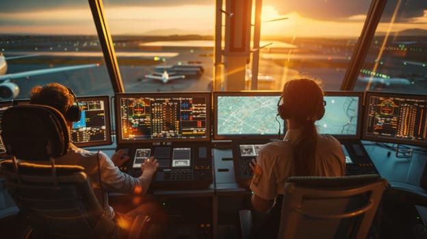 Airport Air Traffic Control Center with Professional Male and Female Controller Team Front View High Angle Golden Hour Light Concept Cinematic Style.