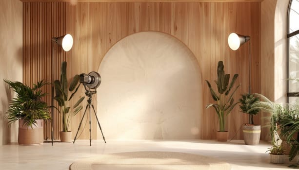 A room with a camera and a tripod in the center. The room is empty and has a lot of plants