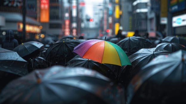 A rainbow umbrella being held by one person. Representation of the diversity and unity of the city.