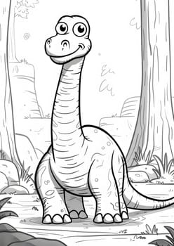 An illustration of a happy dinosaur, a terrestrial animal with a powerful jaw and tail, standing in the woods. The black and white drawing showcases the adaptation of this ancient organism