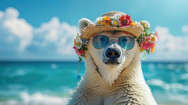 A polar bear wearing sunglasses and a straw hat is standing on a beach. The polar bear is smiling and he is enjoying the sunny day.