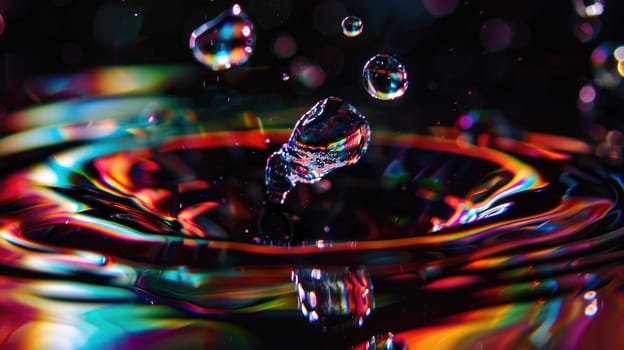 A splash of water with a rainbow effect. The water is in a circular shape and has a splash of water coming out of it.