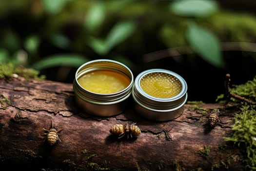 A metal jar of beeswax for the face sits on the table, providing hydration and skincare for both face and body.