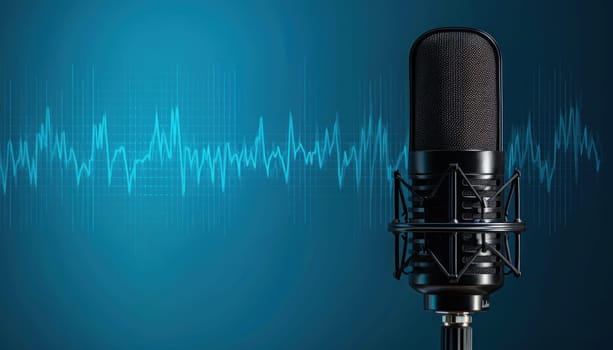 Microphone with Waveform on Blue Background Concept High Detailed and High Resolution Broadcasting and Podcasting Banner.