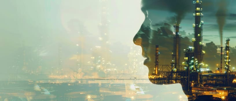 Double Exposure of Man's Profile and Industrial Scene Concept Fusion of Human and Industrial Imagery.