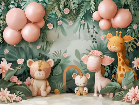 A group of stuffed animals are arranged in a room with pink walls and pink balloons. The animals include giraffes, elephants, and zebras. The scene is set up for a baby shower or a children's party