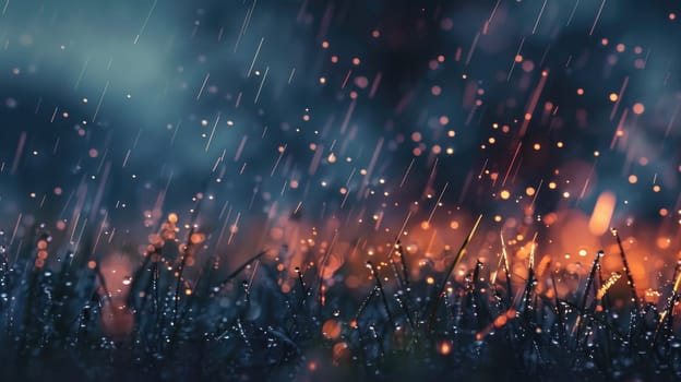 A blurry image of rain falling on a field of grass. The raindrops are scattered all over the field, creating a sense of movement and chaos. Scene is one of tranquility and peacefulness